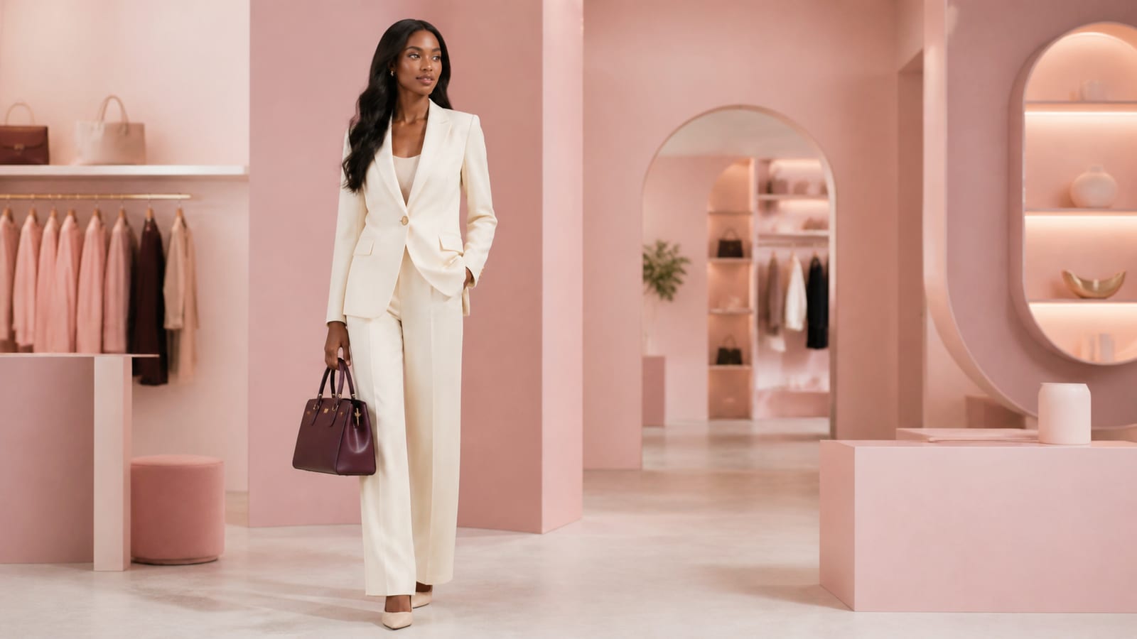 Tailleur crème et sac prune OXYSHOP